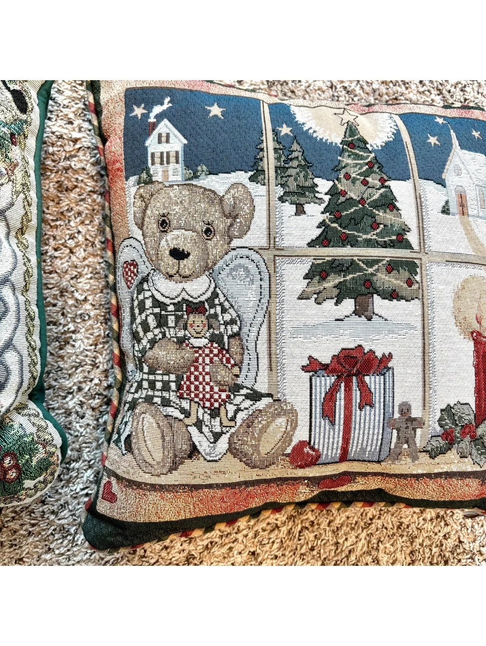 Set of 2 Vintage Christmas Tapestry Throw Pillows Deer Teddy Bear Holiday 16x16